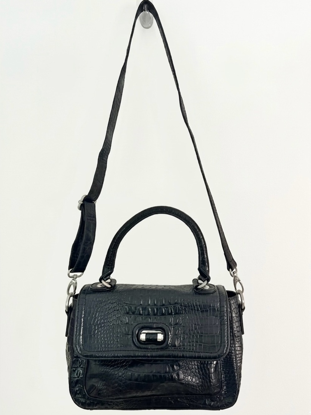Vintage Etienne Aigner Leather Croc Embossed Top-Handle Satchel W/ Crsbody Strap